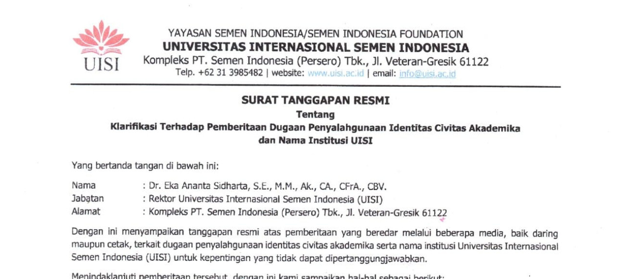 Surat tanggapan resmi Rektor UISI terkait pemberitaan dugaan penyalahgunaan identitas civitas akadem