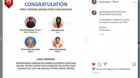 Ucapan selamat  dari kemahasiswaan UISI kepada tim yang lolos pkm (Foto: Instagram)