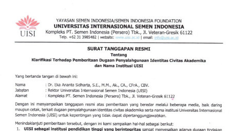 Surat tanggapan resmi Rektor UISI terkait pemberitaan dugaan penyalahgunaan identitas civitas akadem
