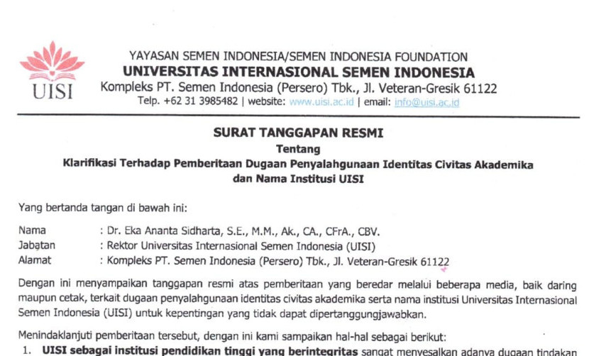 Surat tanggapan resmi Rektor UISI terkait pemberitaan dugaan penyalahgunaan identitas civitas akadem